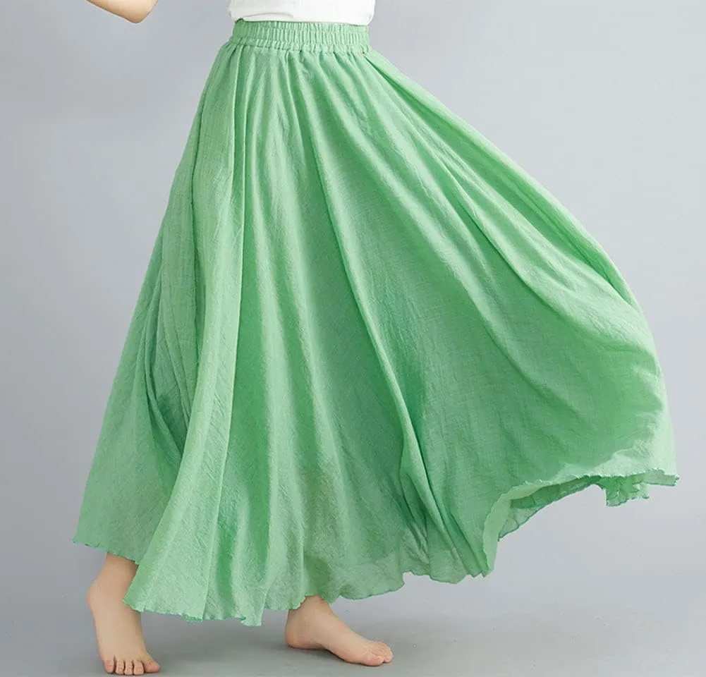 Kedera Women's Bohemian Style Elastic Waist Band Flowy Full Circle Cotton Linen Long Maxi Skirt Dress