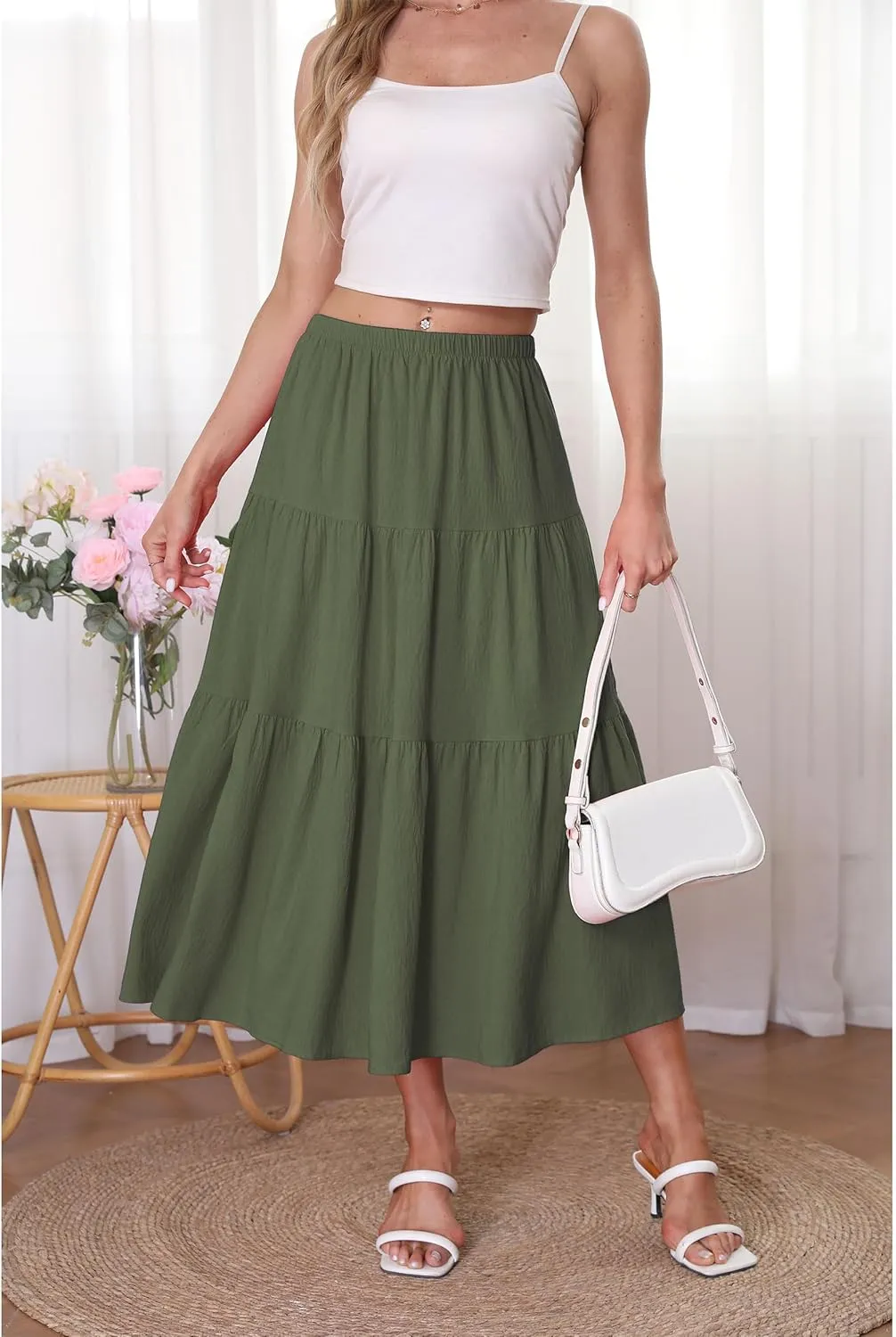 Kingfancy Women's Boho Midi Skirt A-Line Ruffle Elastic High Waist Tiered Flowy Skirts