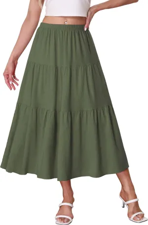 Kingfancy Women's Boho Midi Skirt A-Line Ruffle Elastic High Waist Tiered Flowy Skirts