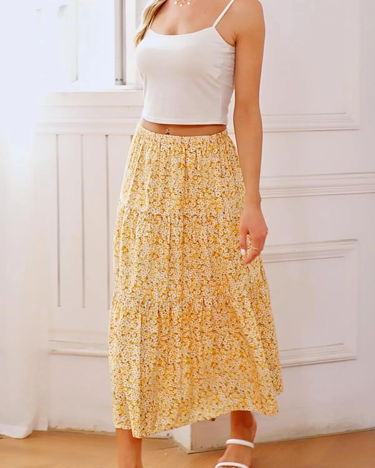 Kingfancy Women's Boho Midi Skirt A-Line Ruffle Elastic High Waist Tiered Flowy Skirts