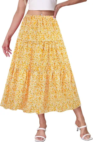 Kingfancy Women's Boho Midi Skirt A-Line Ruffle Elastic High Waist Tiered Flowy Skirts