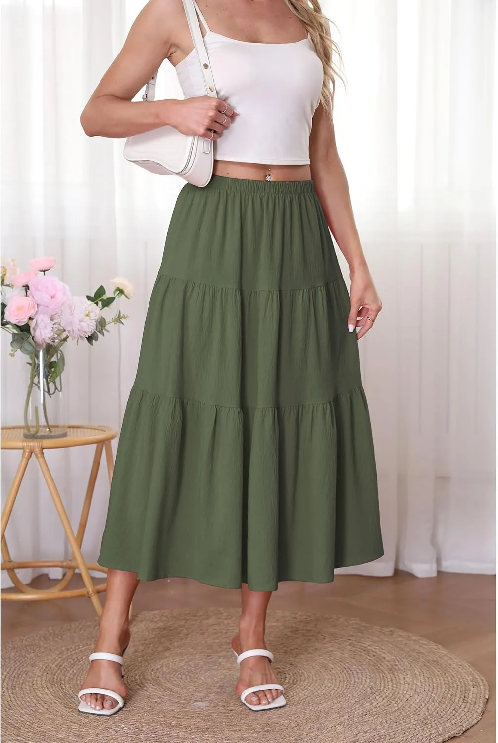 Kingfancy Women's Boho Midi Skirt A-Line Ruffle Elastic High Waist Tiered Flowy Skirts