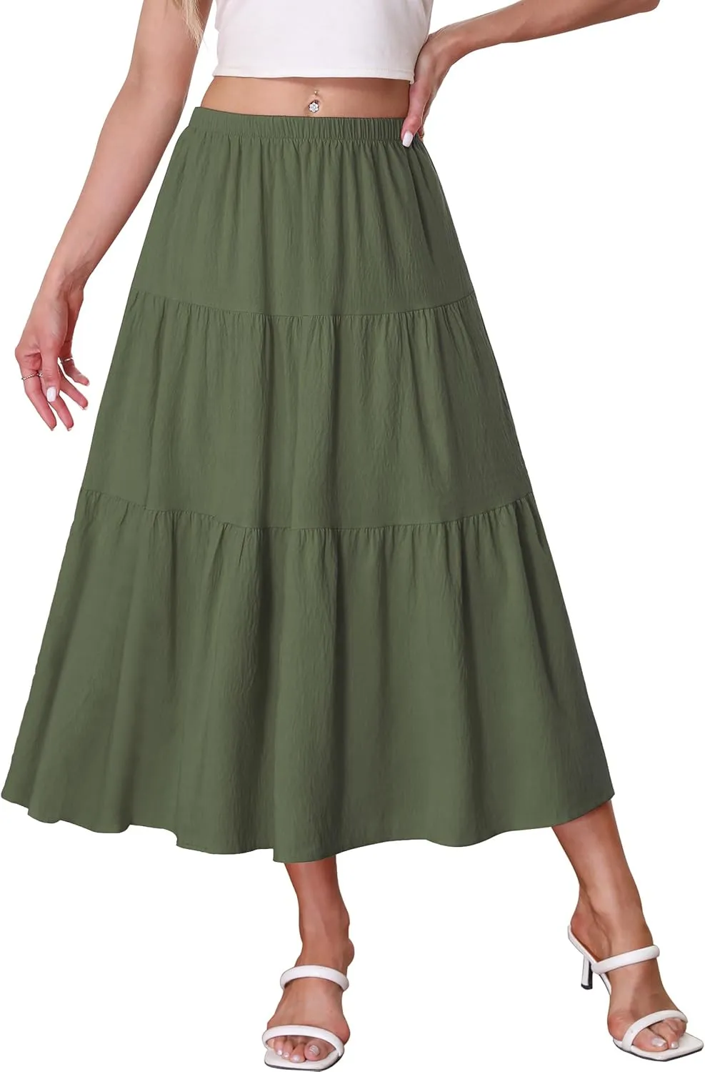 Kingfancy Women's Boho Midi Skirt A-Line Ruffle Elastic High Waist Tiered Flowy Skirts