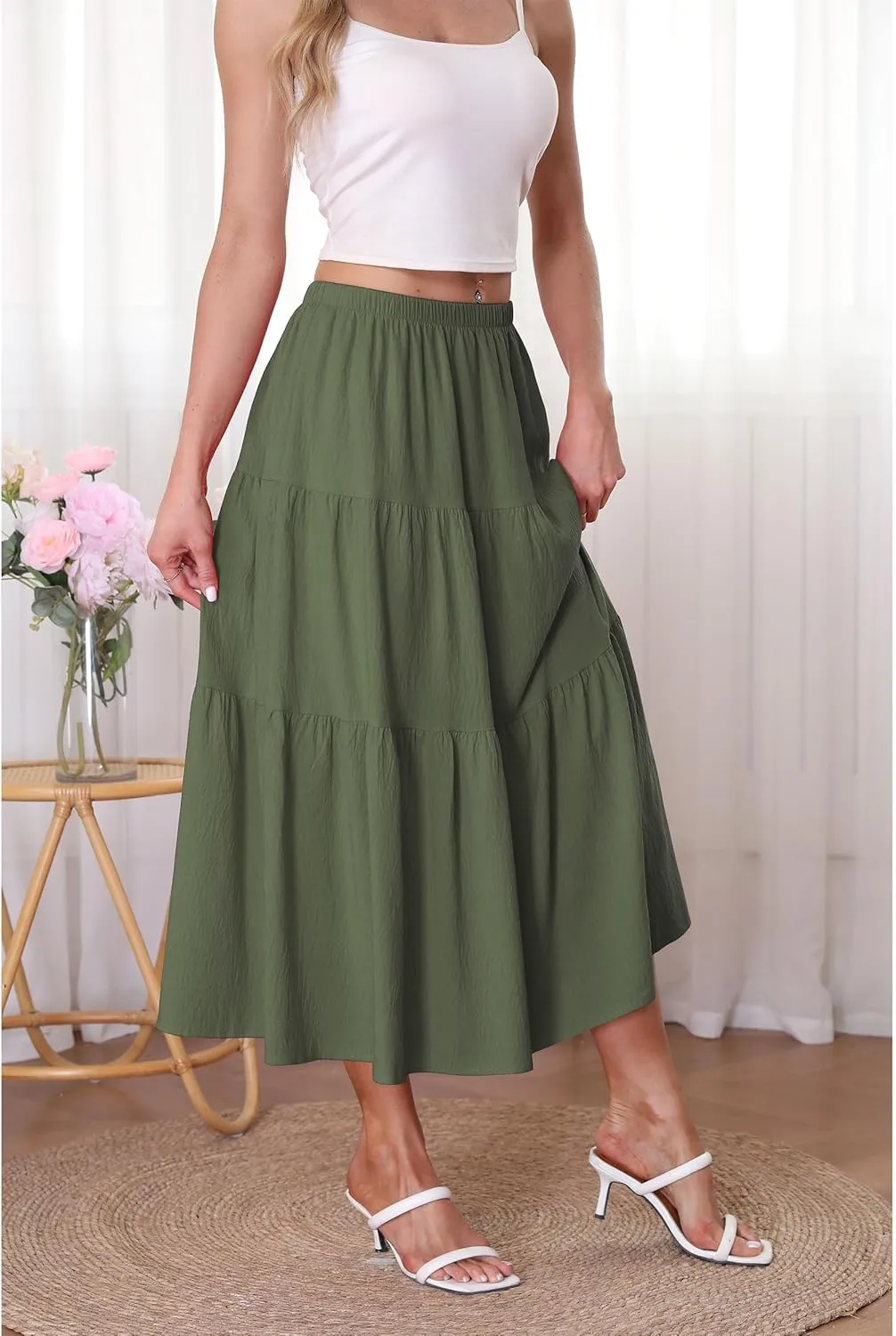 Kingfancy Women's Boho Midi Skirt A-Line Ruffle Elastic High Waist Tiered Flowy Skirts