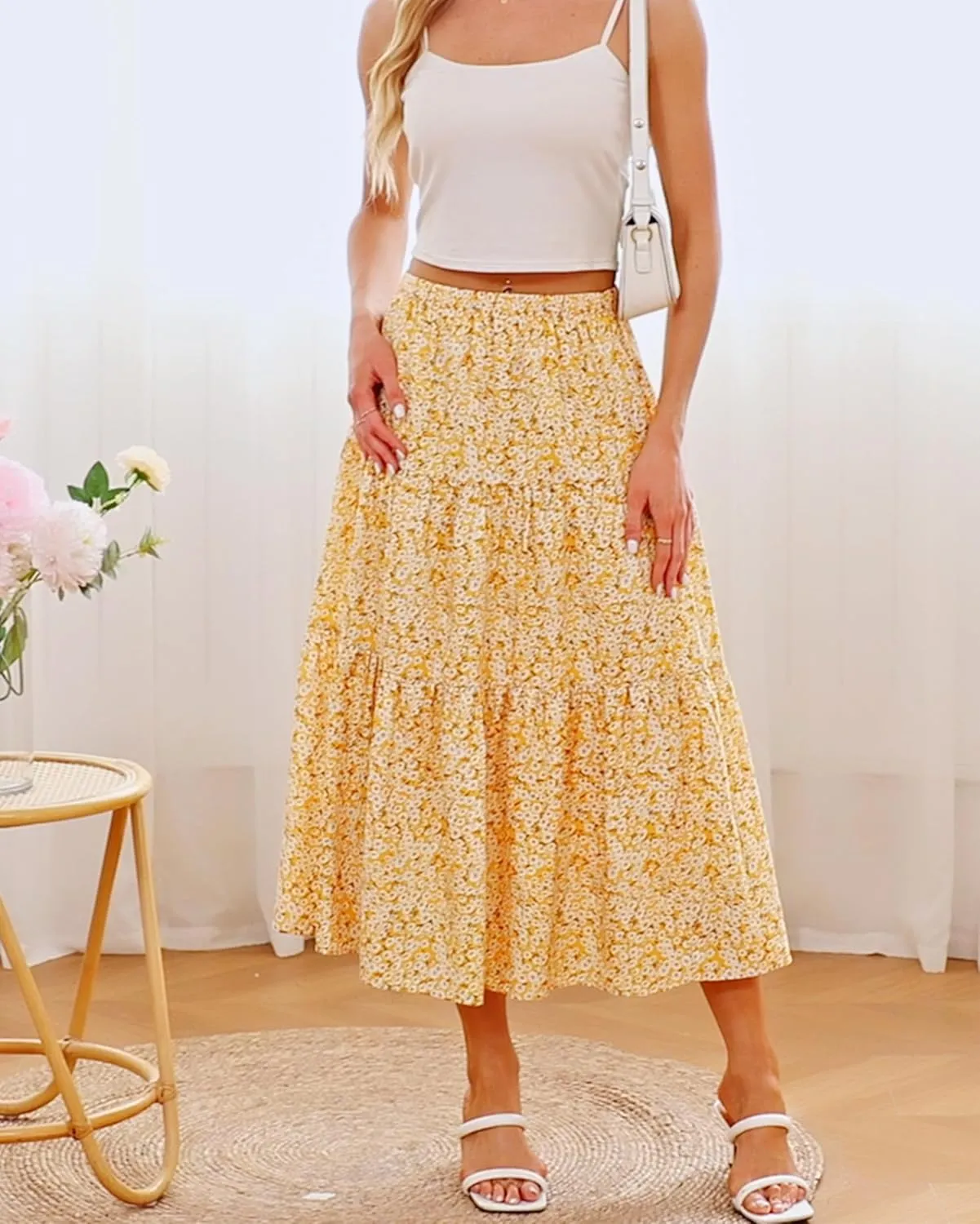 Kingfancy Women's Boho Midi Skirt A-Line Ruffle Elastic High Waist Tiered Flowy Skirts