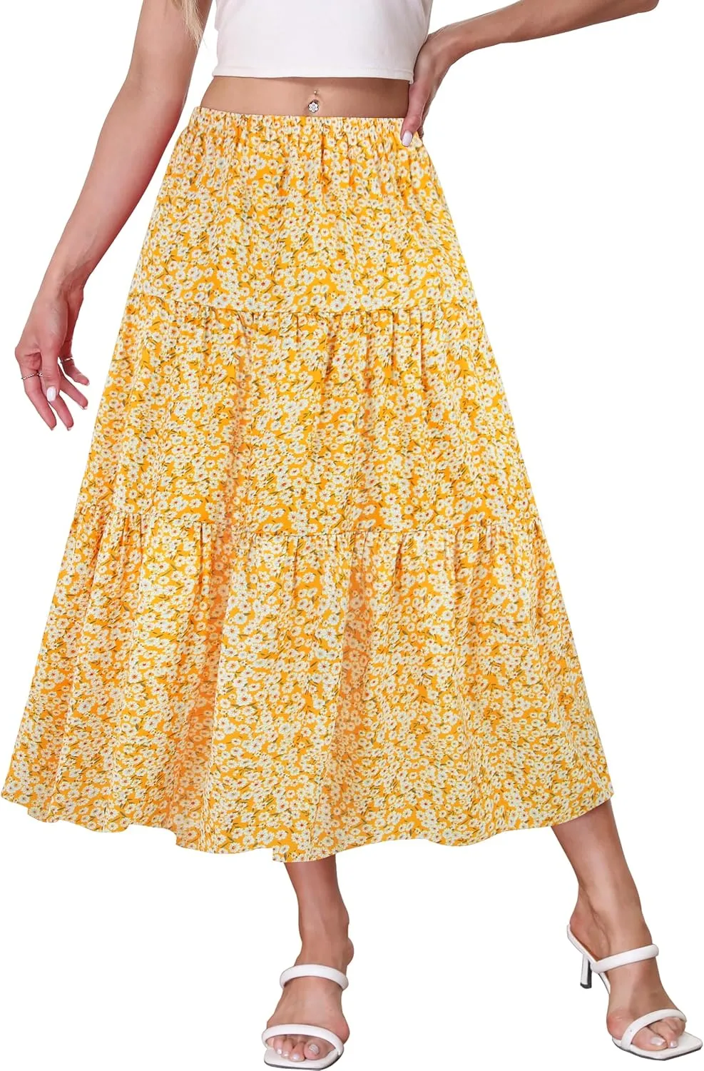 Kingfancy Women's Boho Midi Skirt A-Line Ruffle Elastic High Waist Tiered Flowy Skirts