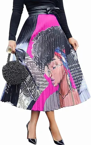 KUFV Women's Floral Graffiti Pleated Long Skirts Vintage Cartoon Printed Elastic Waist A-Line Swing Midi Skirt