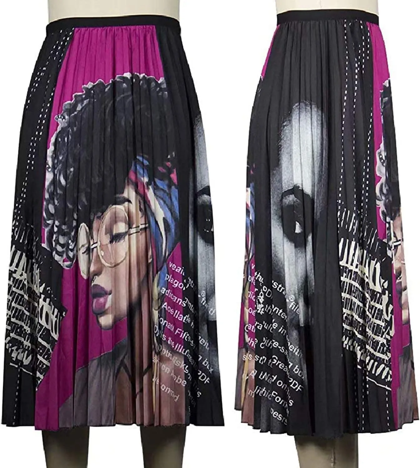 KUFV Women's Floral Graffiti Pleated Long Skirts Vintage Cartoon Printed Elastic Waist A-Line Swing Midi Skirt