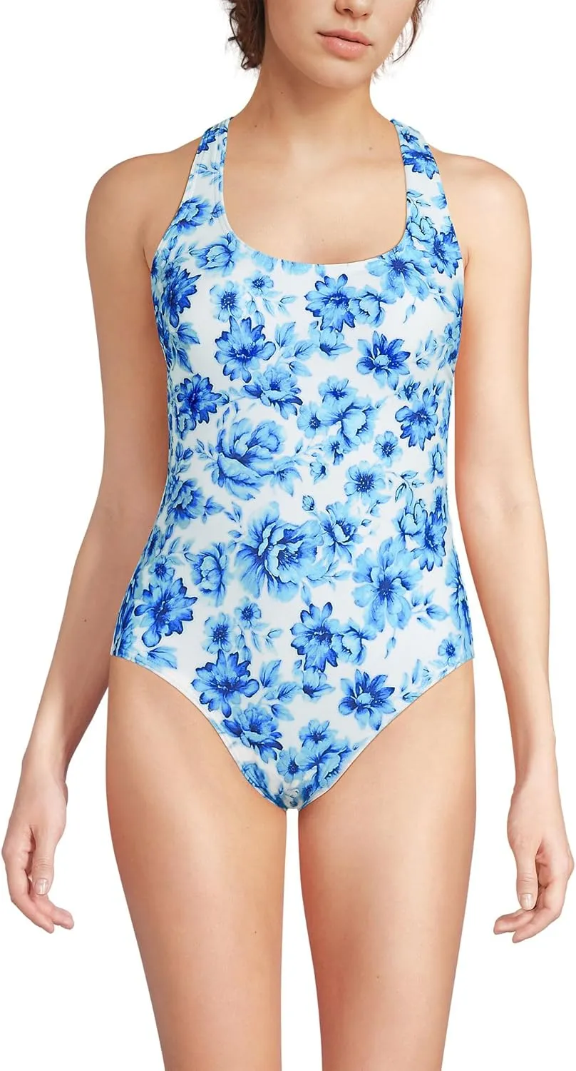 Lands' End Women's Chlorine Resistant Scoop Neck X-Back High Leg Soft Cup Tugless Sporty One Piece Swimsuit