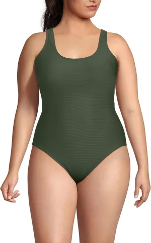 Lands' End Women's Chlorine Resistant Scoop Neck X-Back High Leg Soft Cup Tugless Sporty One Piece Swimsuit
