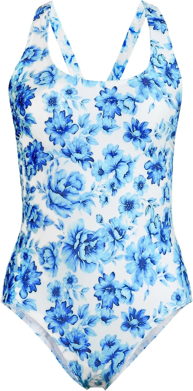 Lands' End Women's Chlorine Resistant Scoop Neck X-Back High Leg Soft Cup Tugless Sporty One Piece Swimsuit