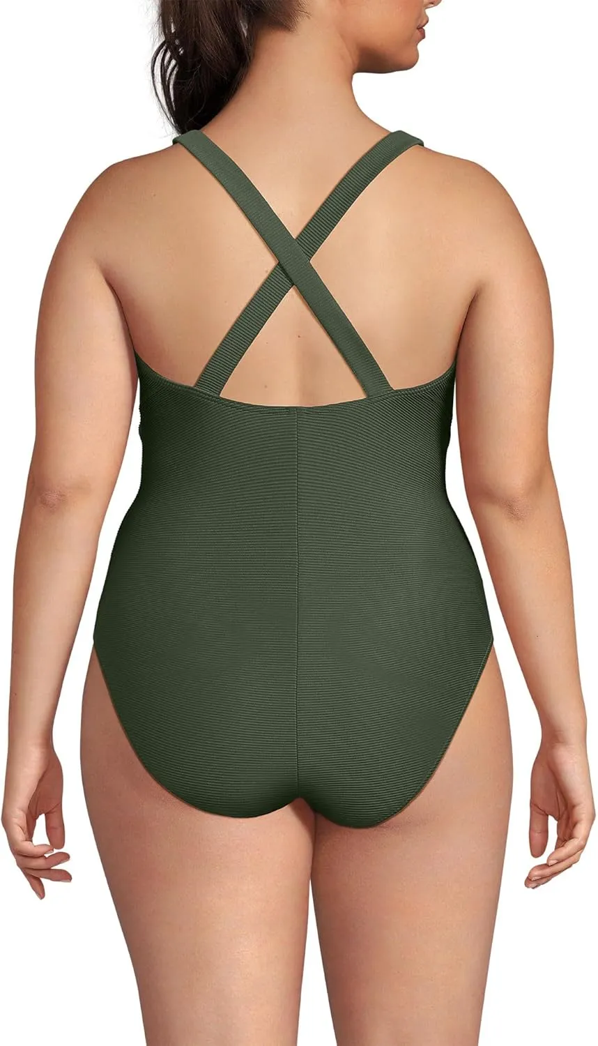 Lands' End Women's Chlorine Resistant Scoop Neck X-Back High Leg Soft Cup Tugless Sporty One Piece Swimsuit