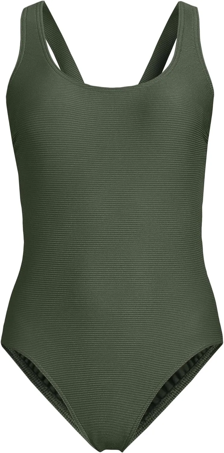 Lands' End Women's Chlorine Resistant Scoop Neck X-Back High Leg Soft Cup Tugless Sporty One Piece Swimsuit