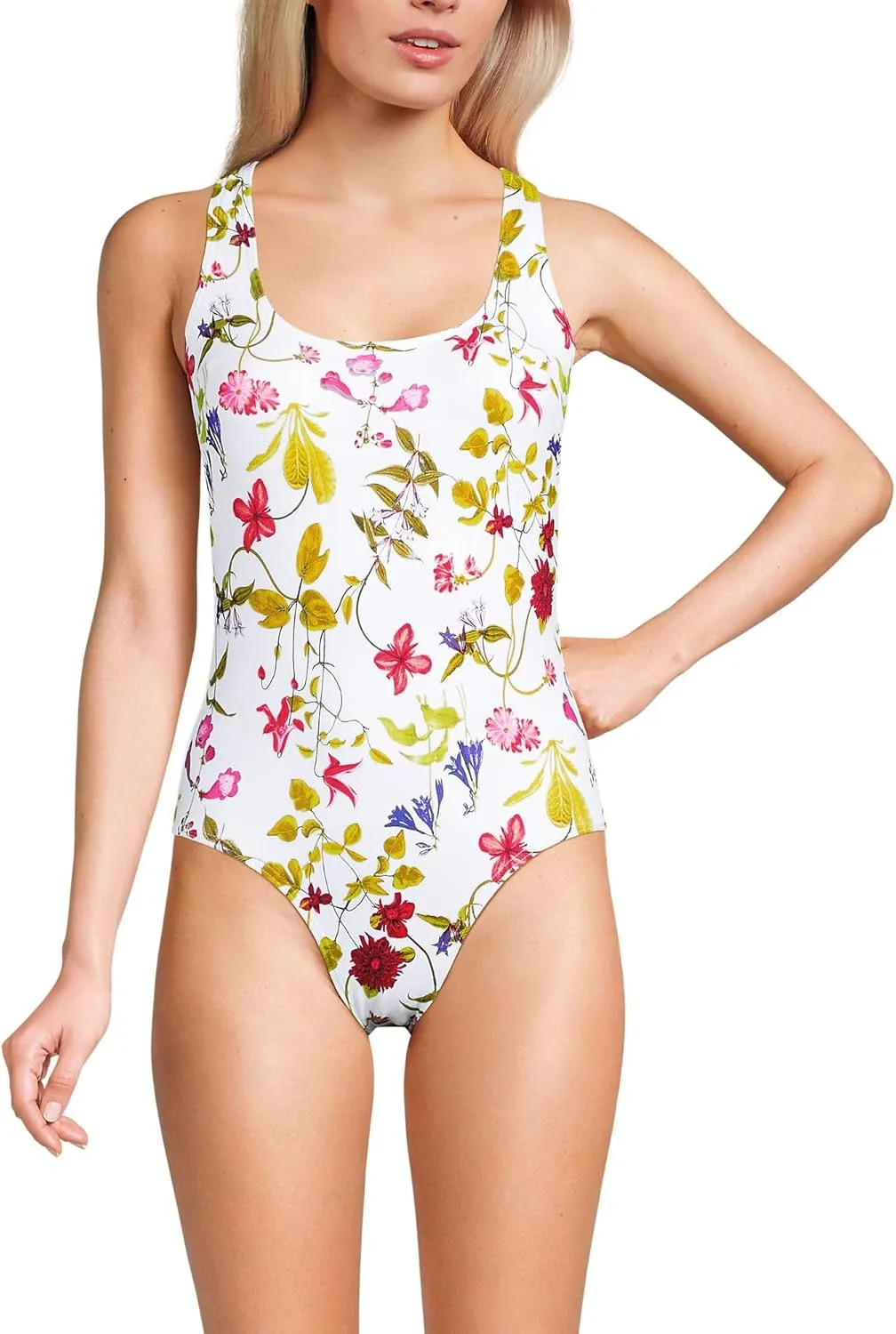 Lands' End Women's Chlorine Resistant Scoop Neck X-Back High Leg Soft Cup Tugless Sporty One Piece Swimsuit
