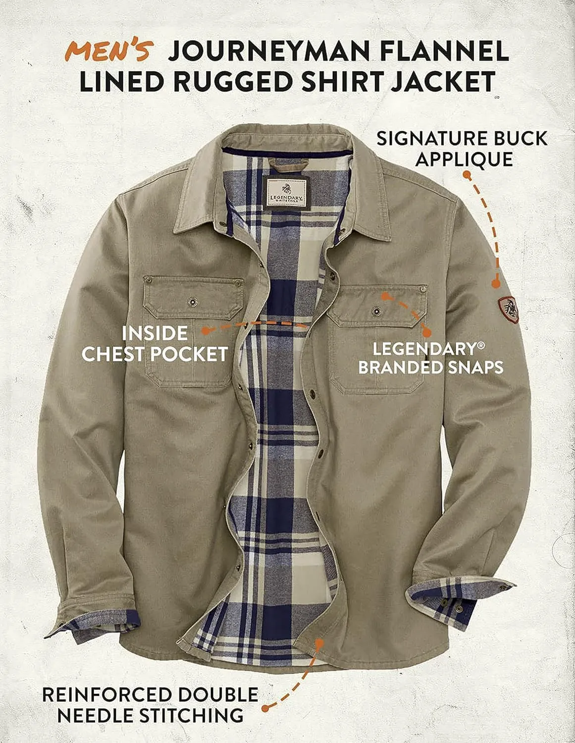 Legendary Whitetails Journeyman Shirt Jacket Flannel Lined Shacket for Men Water-Resistant Coat Rugged Fall Clothing