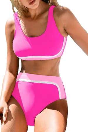 Leoparts Women's Two Piece High Waisted Swimsuits Sporty Color Block Scoop Neck Bikini Set Bathing Suit
