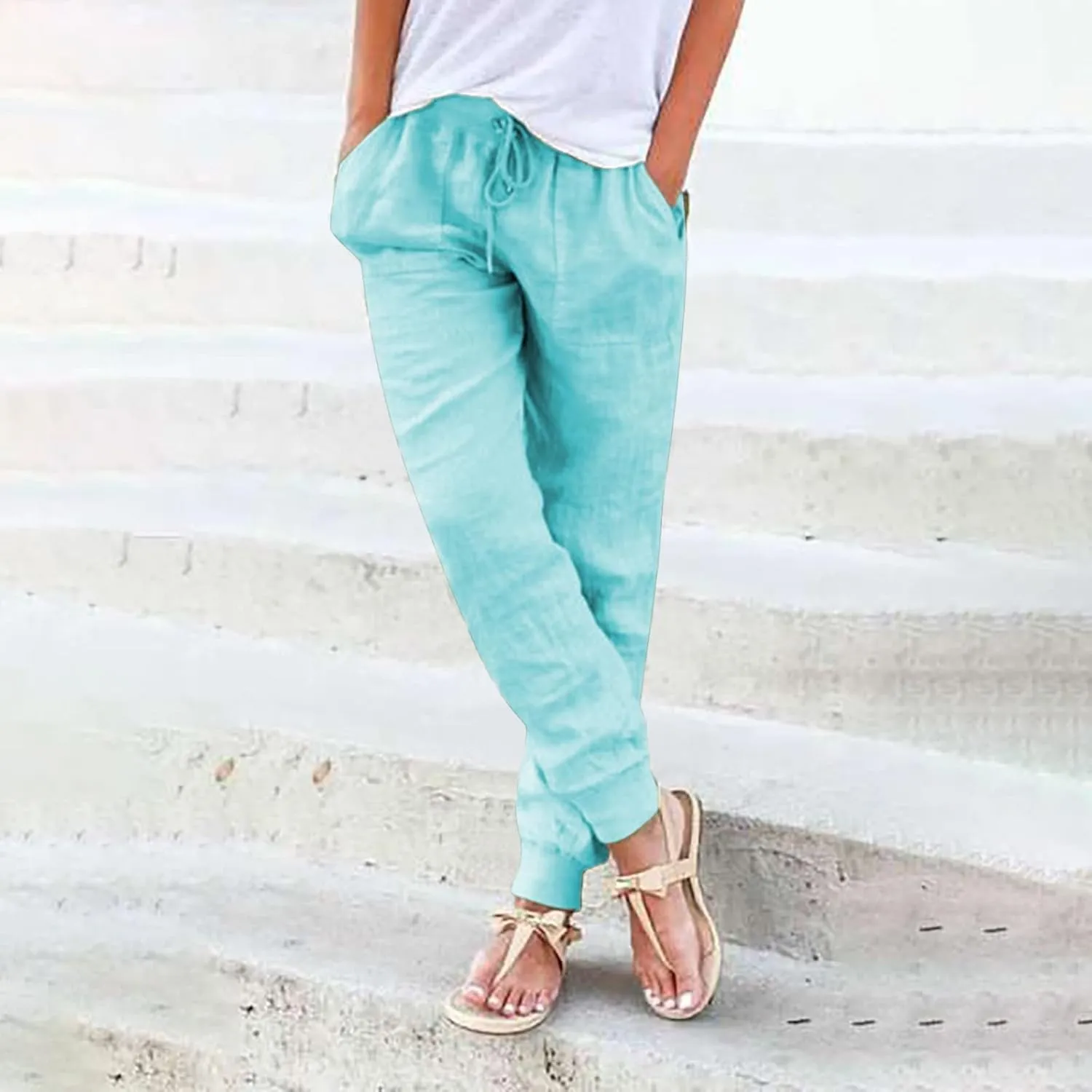 Linen Joggers for Women Casual Tapered Pants Elastic High Waist Cotton Linen Pants Drawstring Pants with Pockets Trousers