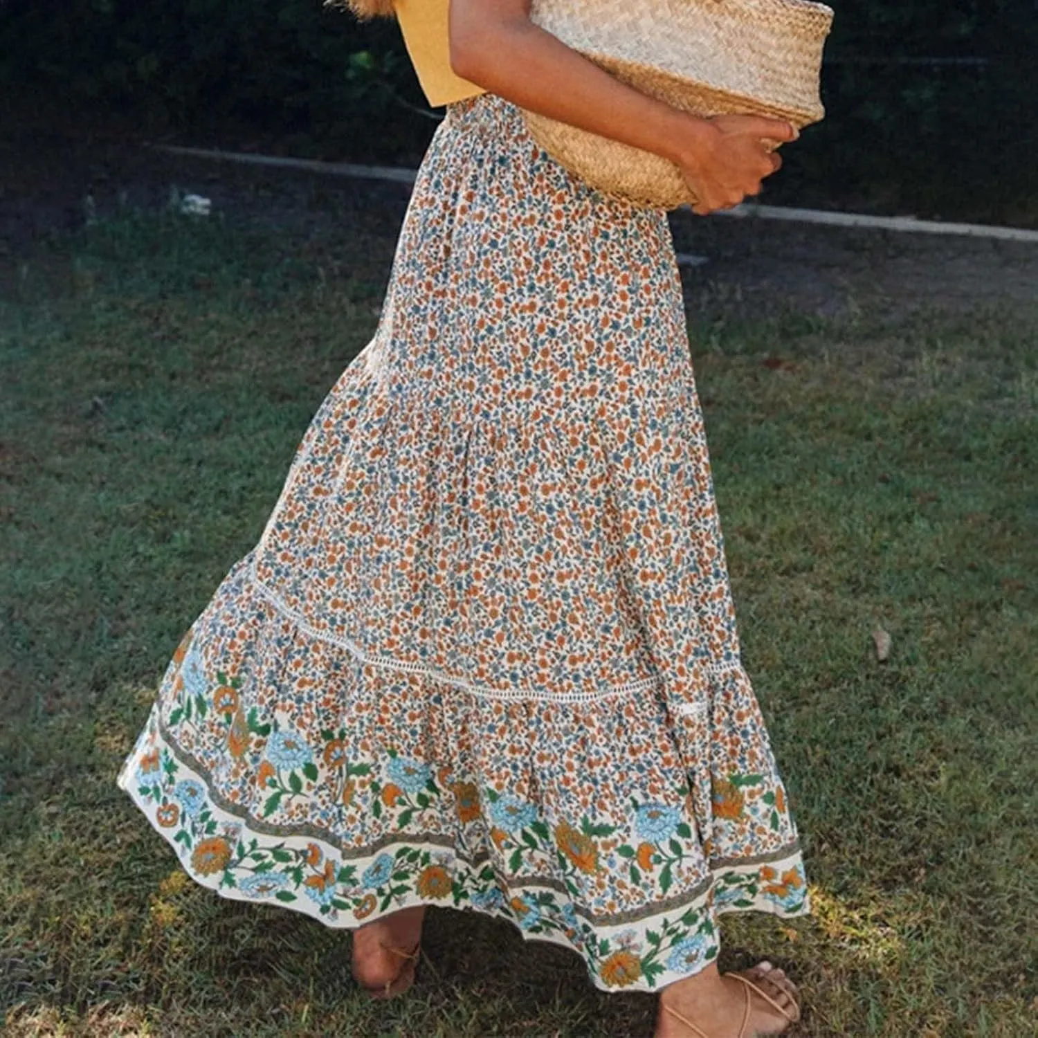 Linen Maxi Skirt, Women's Summer Bohemian Long Skirt, Cotton Elastic Waist Band Maxi Skirt, Button Front Slit