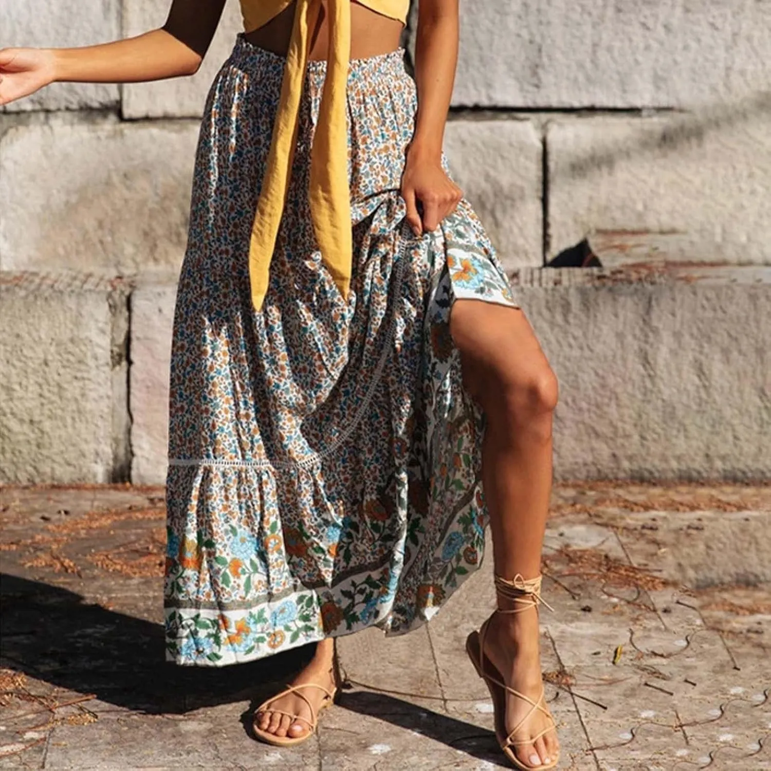 Linen Maxi Skirt, Women's Summer Bohemian Long Skirt, Cotton Elastic Waist Band Maxi Skirt, Button Front Slit