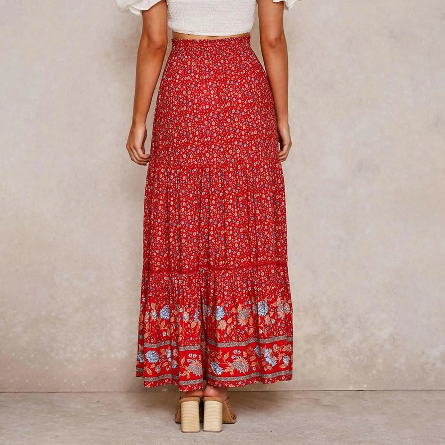 Linen Maxi Skirt, Women's Summer Bohemian Long Skirt, Cotton Elastic Waist Band Maxi Skirt, Button Front Slit