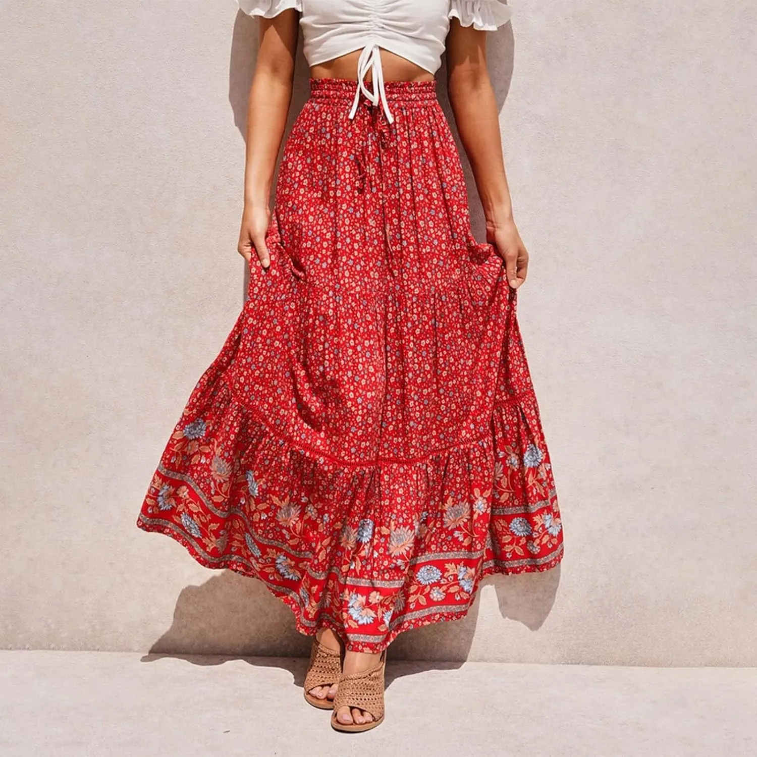 Linen Maxi Skirt, Women's Summer Bohemian Long Skirt, Cotton Elastic Waist Band Maxi Skirt, Button Front Slit