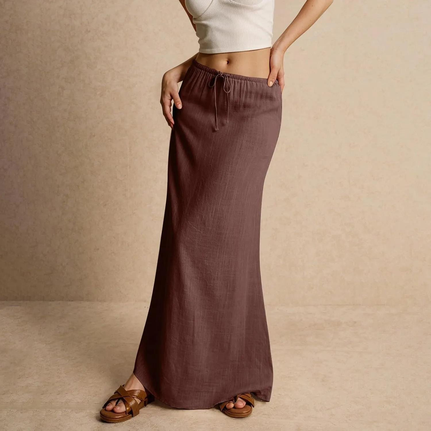 Linen Maxi Skirts for Women Summer 2025 Vacation A Line Skirt Long Cover Ups Comfy Drawstring Low Waist Boho Skirt