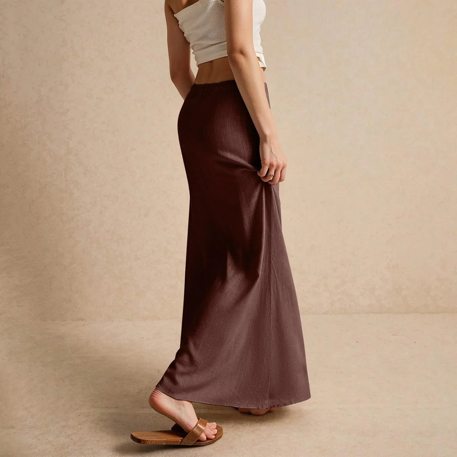 Linen Maxi Skirts for Women Summer 2025 Vacation A Line Skirt Long Cover Ups Comfy Drawstring Low Waist Boho Skirt
