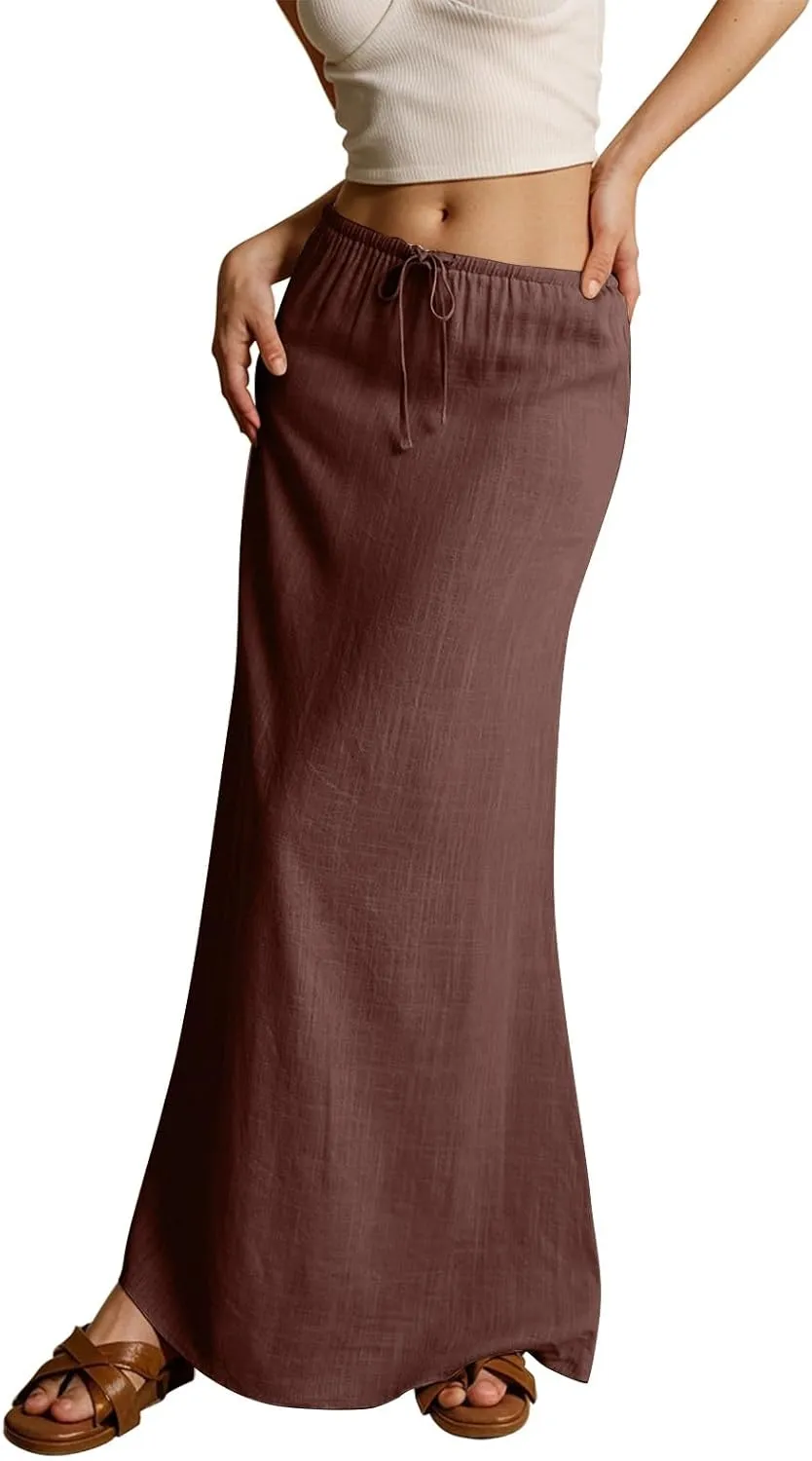 Linen Maxi Skirts for Women Summer 2025 Vacation A Line Skirt Long Cover Ups Comfy Drawstring Low Waist Boho Skirt