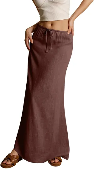 Linen Maxi Skirts for Women Summer 2025 Vacation A Line Skirt Long Cover Ups Comfy Drawstring Low Waist Boho Skirt