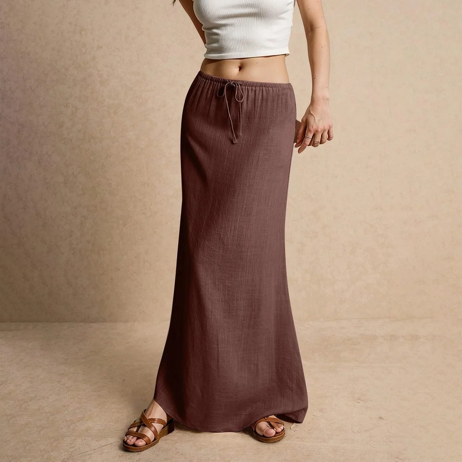 Linen Maxi Skirts for Women Summer 2025 Vacation A Line Skirt Long Cover Ups Comfy Drawstring Low Waist Boho Skirt