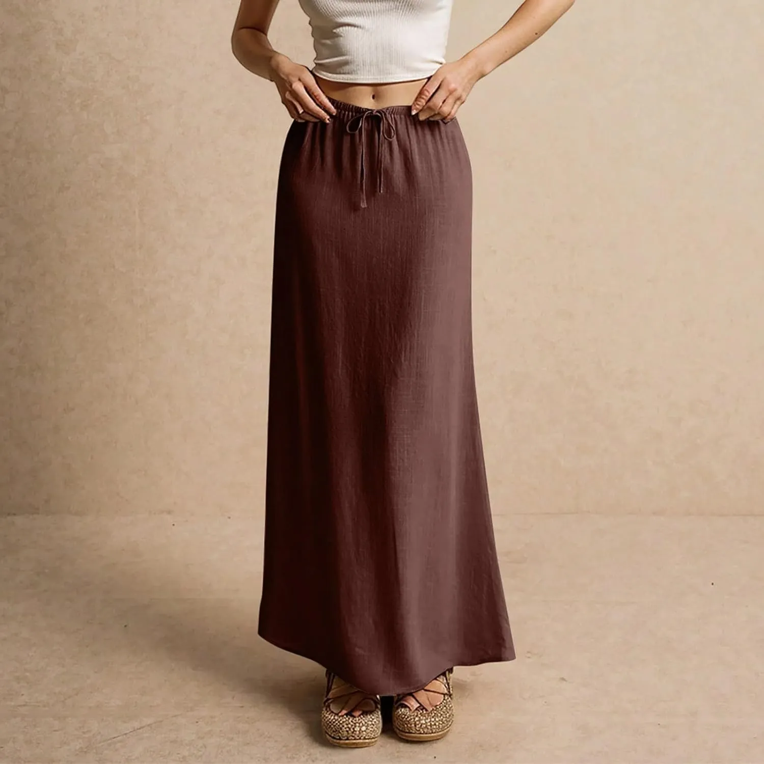 Linen Maxi Skirts for Women Summer 2025 Vacation A Line Skirt Long Cover Ups Comfy Drawstring Low Waist Boho Skirt