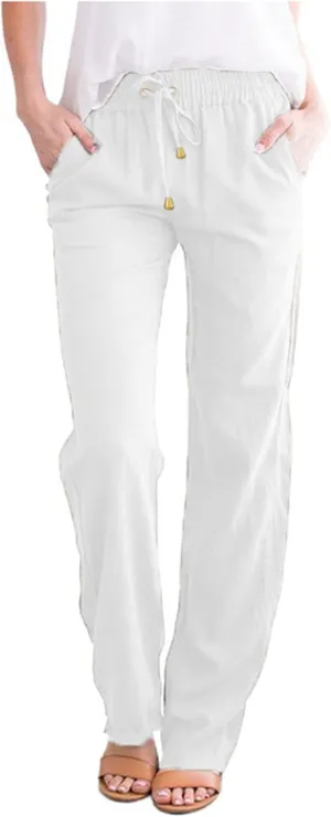 Linen Pants for Women High Waist Casual Wide Leg Pants Drawstring Summer Pants with Pockets Beach Palazzo Pants Trousers, X-Large, #A4-white