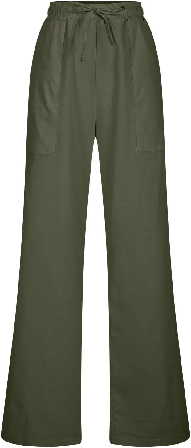 Linen Pants Women Casual Summer 2025 Trendy Drawstring Comfy Lounge Trousers Cotton Straight Leg Pants with Pockets