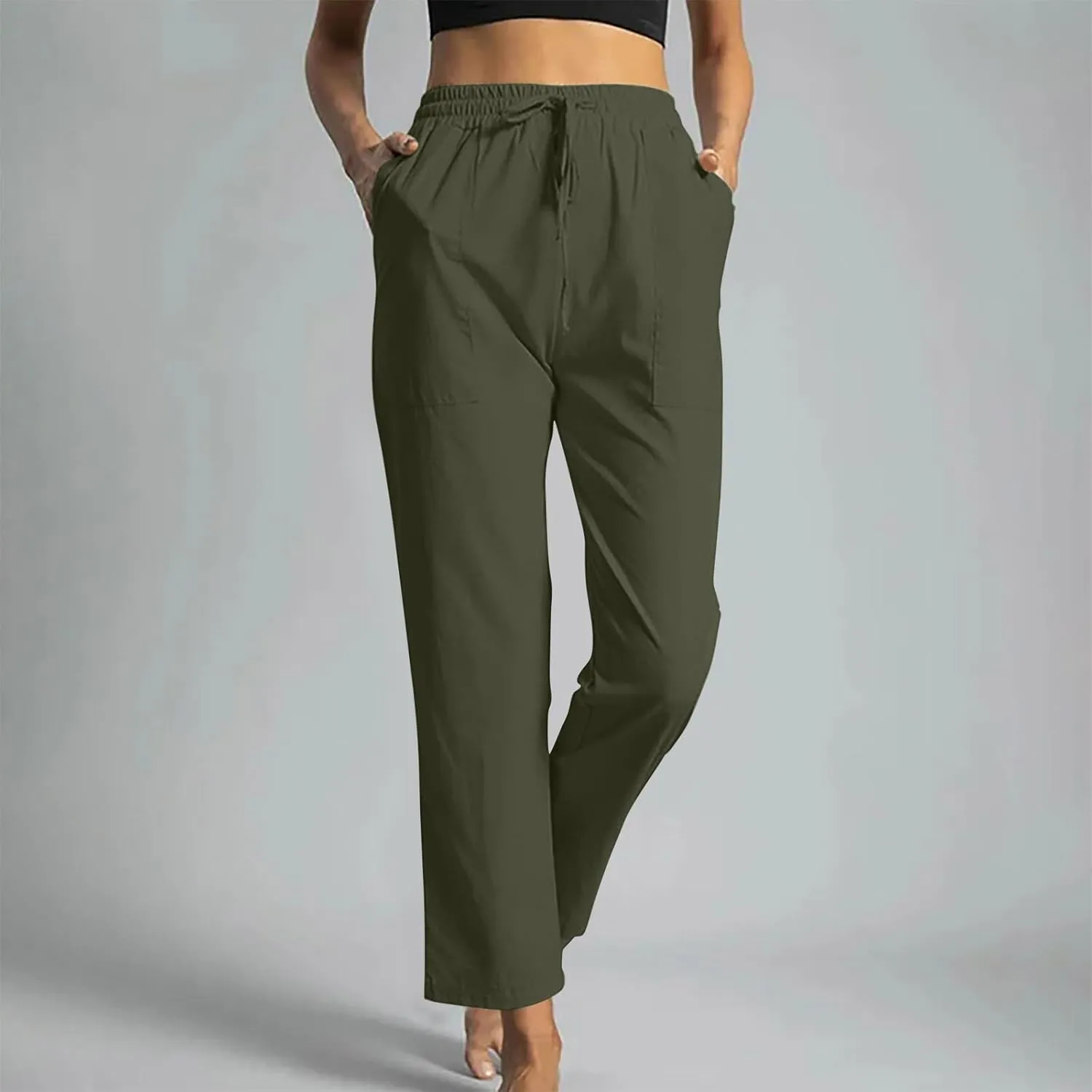 Linen Pants Women Casual Summer 2025 Trendy Drawstring Comfy Lounge Trousers Cotton Straight Leg Pants with Pockets