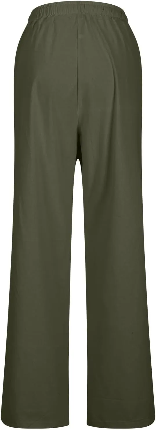 Linen Pants Women Casual Summer 2025 Trendy Drawstring Comfy Lounge Trousers Cotton Straight Leg Pants with Pockets
