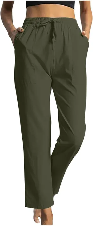 Linen Pants Women Casual Summer 2025 Trendy Drawstring Comfy Lounge Trousers Cotton Straight Leg Pants with Pockets