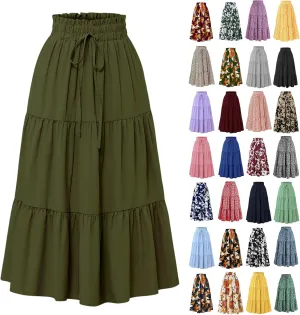 Long Skirts for Women Floral Drawstring Boho Tiered Maxi Skirt Beach A Line Midi Skirt Summer Bohemian Skirts