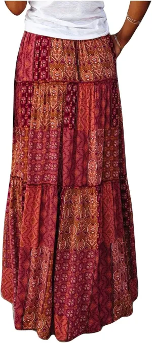 Lpmadey Women Bohemian Style Ruffle Long Skirts Chiffon Summer Beach Pleated Elastic High Waisted Maxi Skirts with Pockets