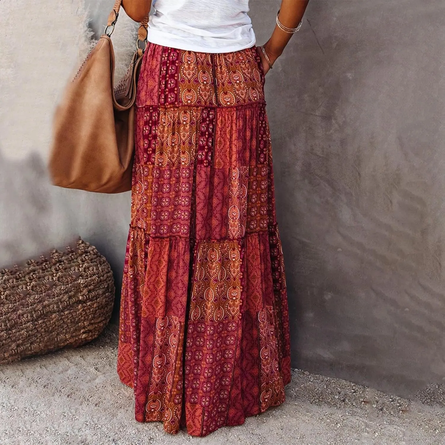 Lpmadey Women Bohemian Style Ruffle Long Skirts Chiffon Summer Beach Pleated Elastic High Waisted Maxi Skirts with Pockets