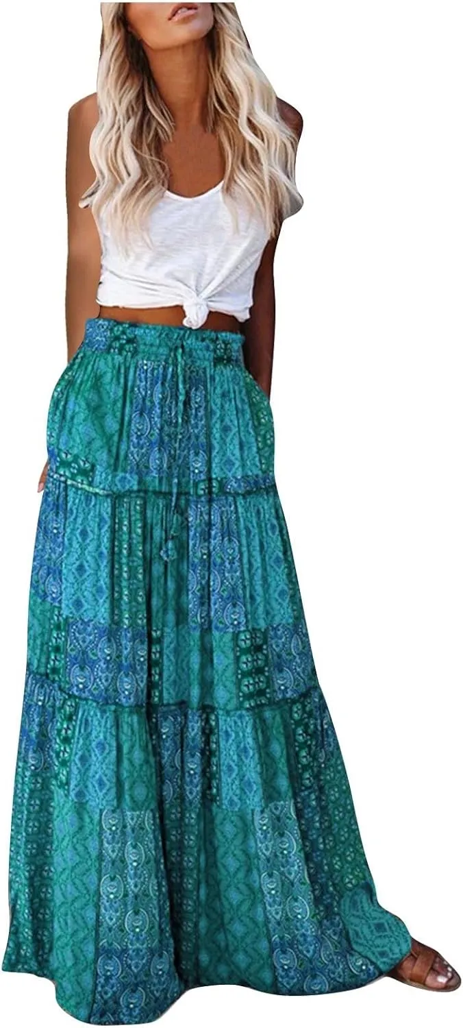 Lpmadey Women Bohemian Style Ruffle Long Skirts Chiffon Summer Beach Pleated Elastic High Waisted Maxi Skirts with Pockets