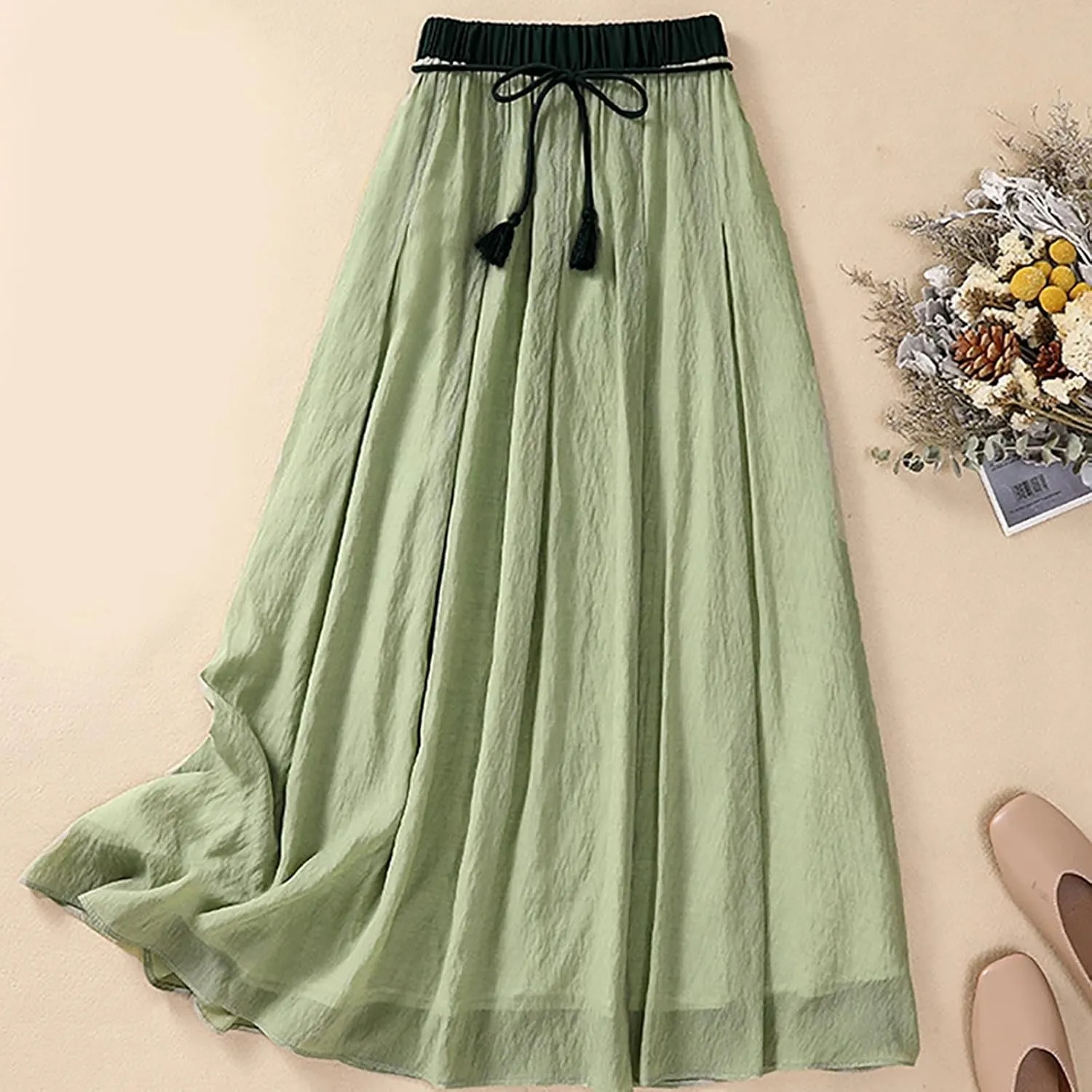 Lpmadey Women's Bohemian Style Elastic Waist Band Cotton Linen Long Maxi Skirt Dress 2024 Summer Solid A-Line Flared Skirts