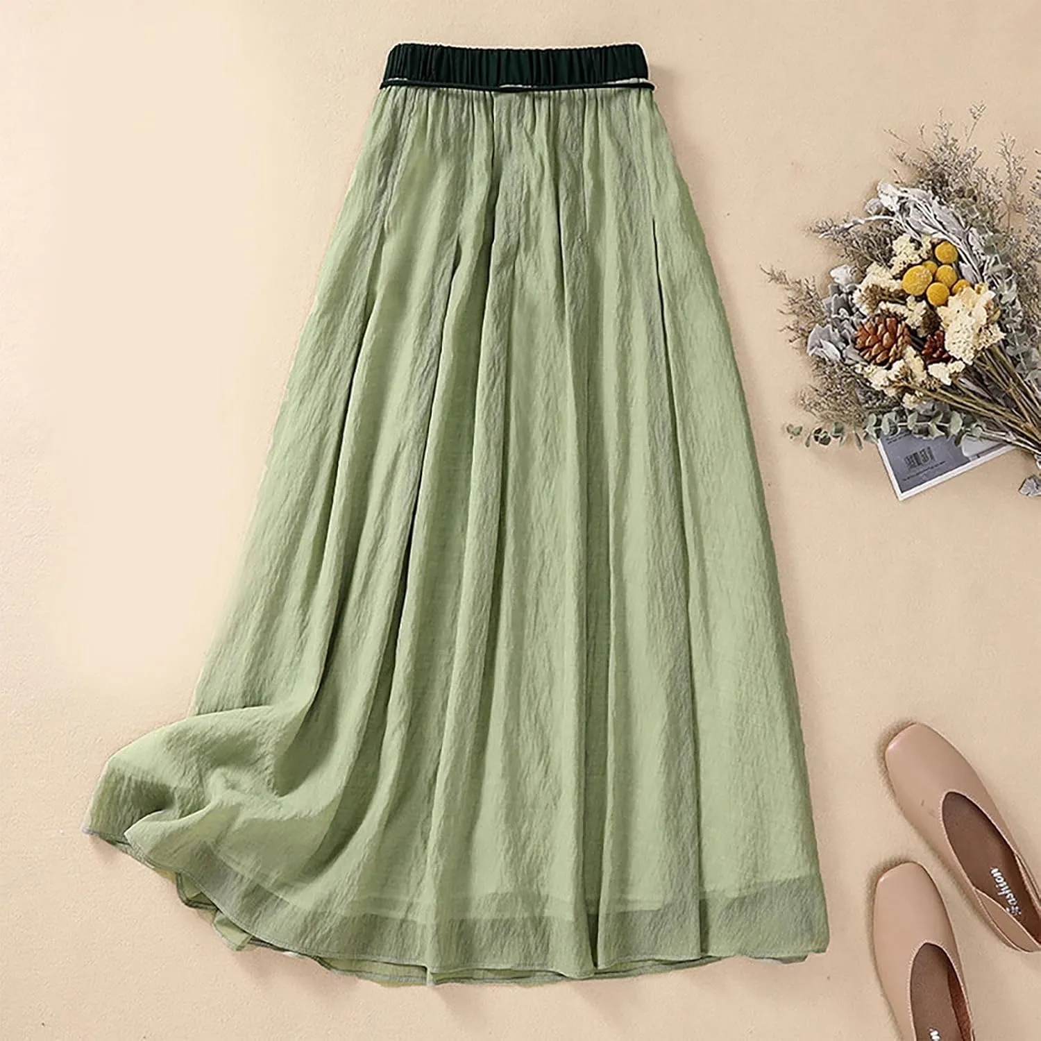 Lpmadey Women's Bohemian Style Elastic Waist Band Cotton Linen Long Maxi Skirt Dress 2024 Summer Solid A-Line Flared Skirts