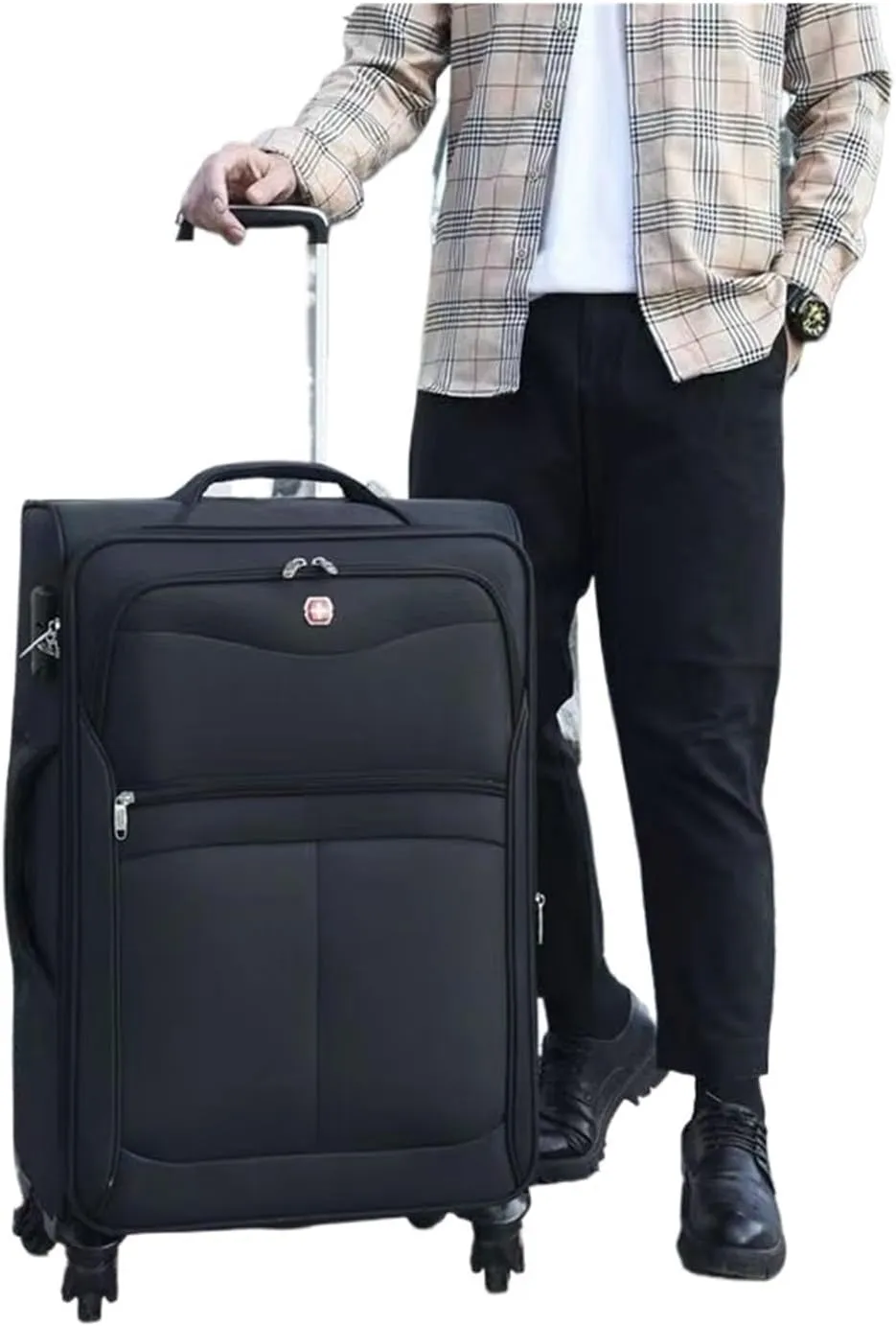 Luggage Sion Softside Expandable Roller Luggage, Blue, Checked-Medium Ultra Lightweight Softside Luggage with Spinner Wheels Suitcase(28)