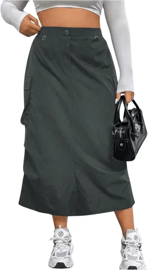 MakeMeChic Women's Plus Size Cargo Skirt Elastic Waist Ruched Button Front Y2K Cargo Long Skirts with Pockets