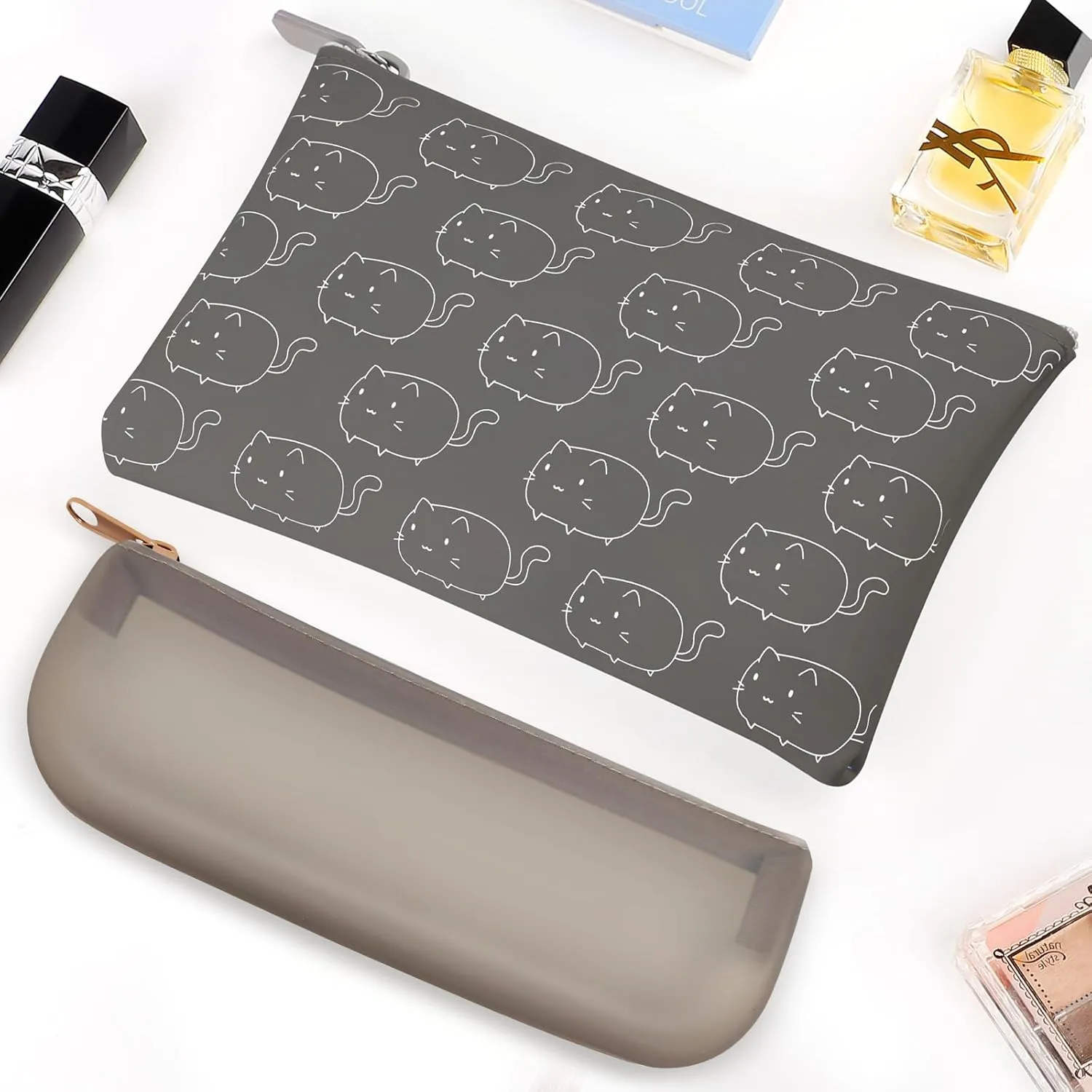 Manmihealth Cute Cat Silicone Makeup Bag, Cosmetic Bags for Women, Makeup Brushes Holder Travel, Portable Purse Pouch for Travel Essentials, Zipper Storage Organizer Bag, 2-Pack