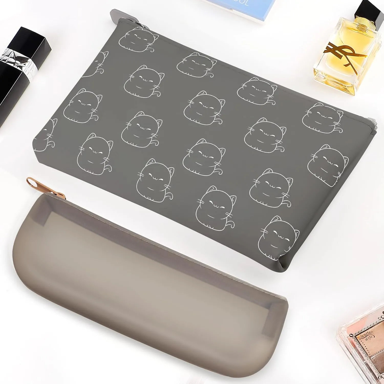 Manmihealth Cute Cat Silicone Makeup Bag, Cosmetic Bags for Women, Makeup Brushes Holder Travel, Portable Purse Pouch for Travel Essentials, Zipper Storage Organizer Bag, 2-Pack