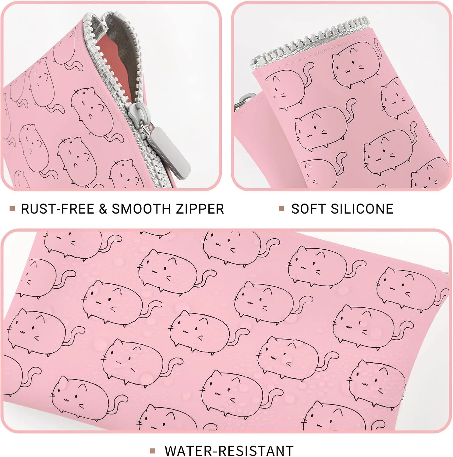 Manmihealth Cute Cat Silicone Makeup Bag, Cosmetic Bags for Women, Makeup Brushes Holder Travel, Portable Purse Pouch for Travel Essentials, Zipper Storage Organizer Bag, 2-Pack