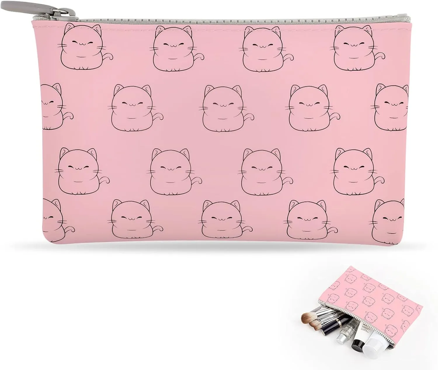 Manmihealth Cute Cat Silicone Makeup Bag, Cosmetic Bags for Women, Makeup Brushes Holder Travel, Portable Purse Pouch for Travel Essentials, Zipper Storage Organizer Bag, 2-Pack