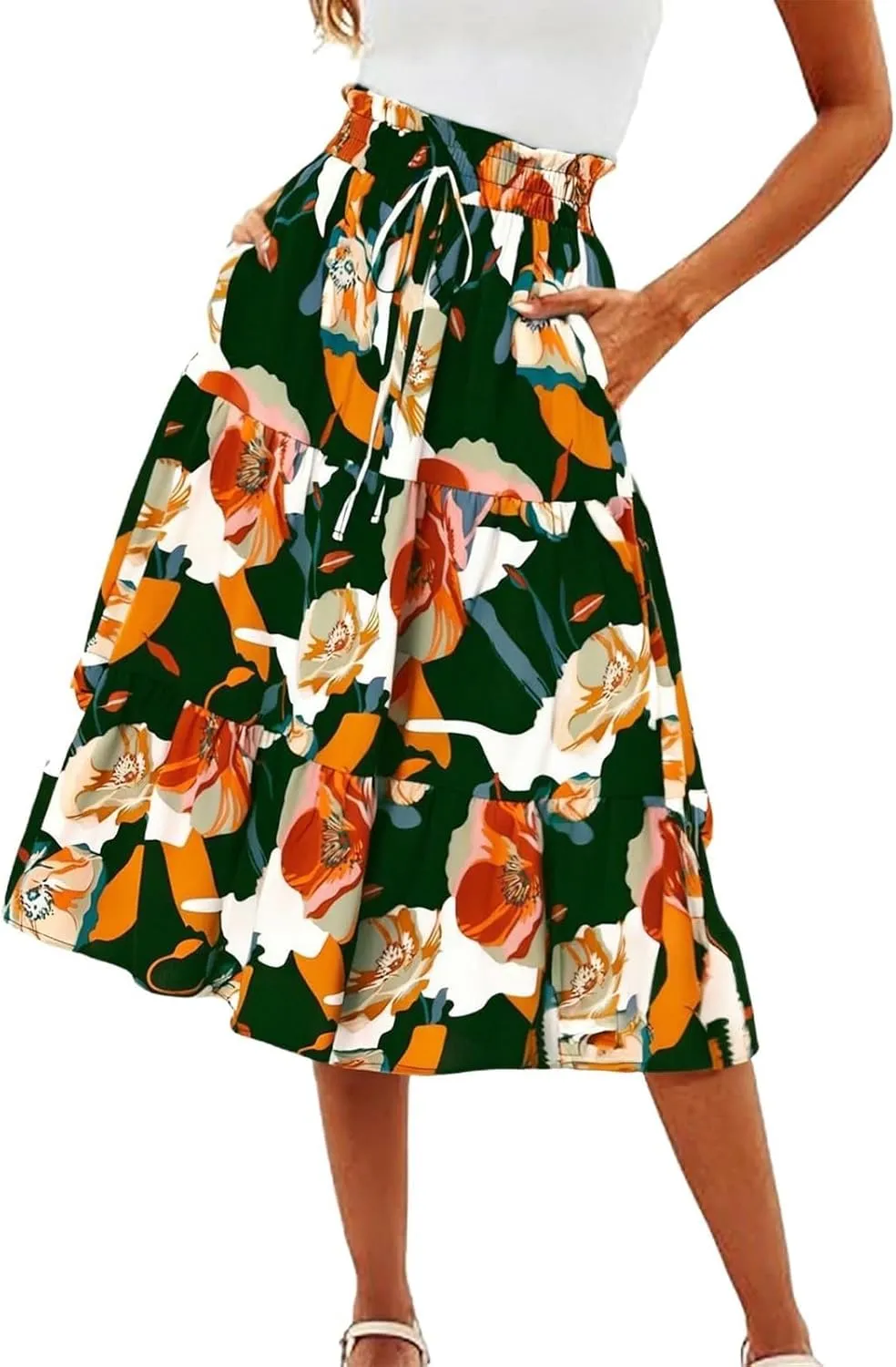 Maxi Skirts for Women 2025 Summer Bohemian High Waisted Long Skirts Flowy Beach Boho Floral Tiered Midi Skirt