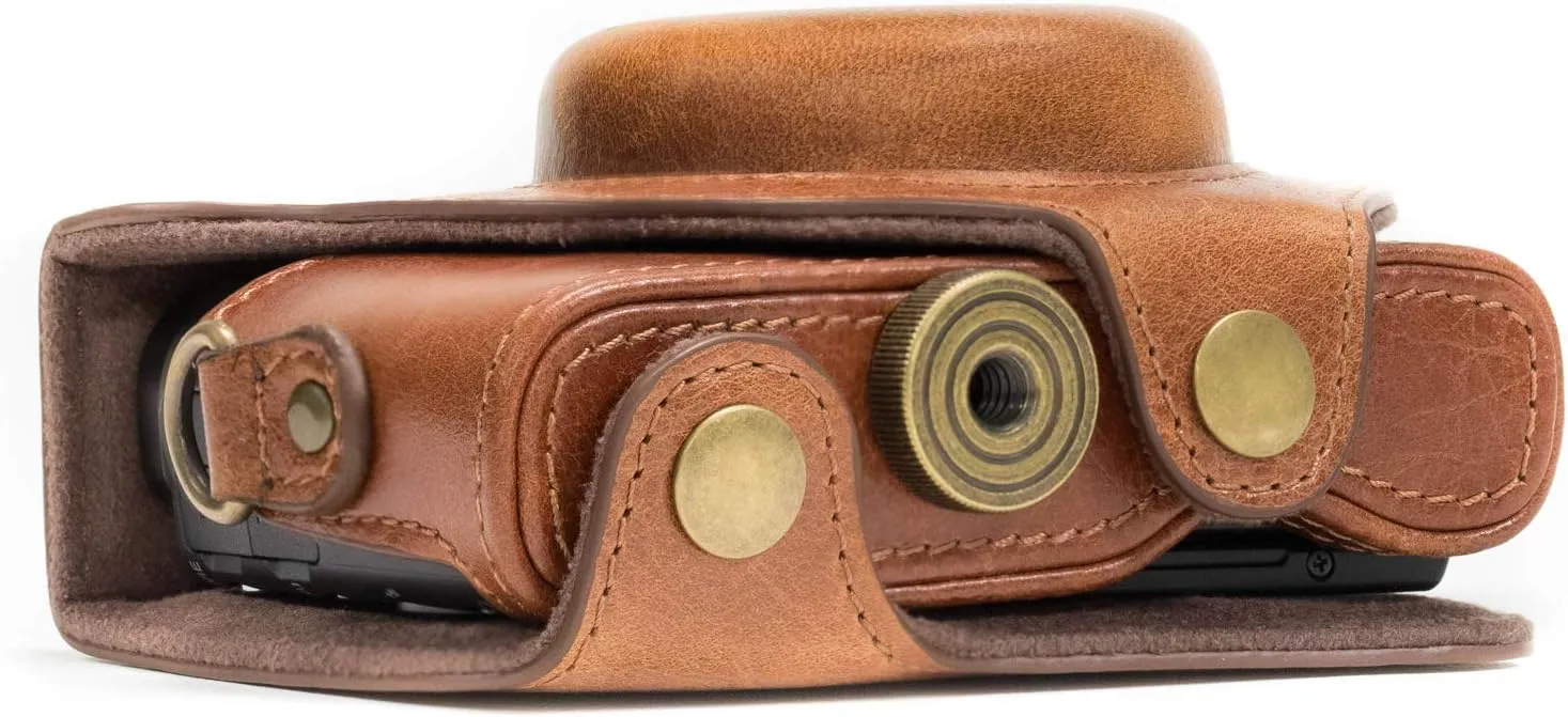 MegaGear MG875 Sony Cyber-Shot DSC-RX100 VI, DSC-RX100 V, DSC-RX100 IV Ever Ready Genuine Leather Camera Case with Strap - Dark Brown